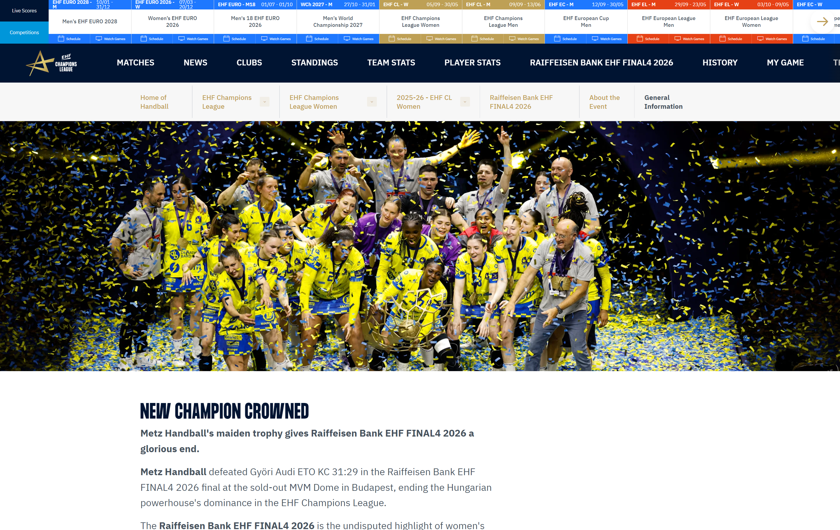 Metz Handball women's team celebrates victory at the Raiffeisen Bank EHF FINAL4 2026 Champions League final.