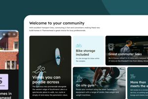 A collage of mobile and desktop UI screens for Peabody housing, highlighting community benefits such as "Great commuter links," "On site gym," and "Bike storage included."