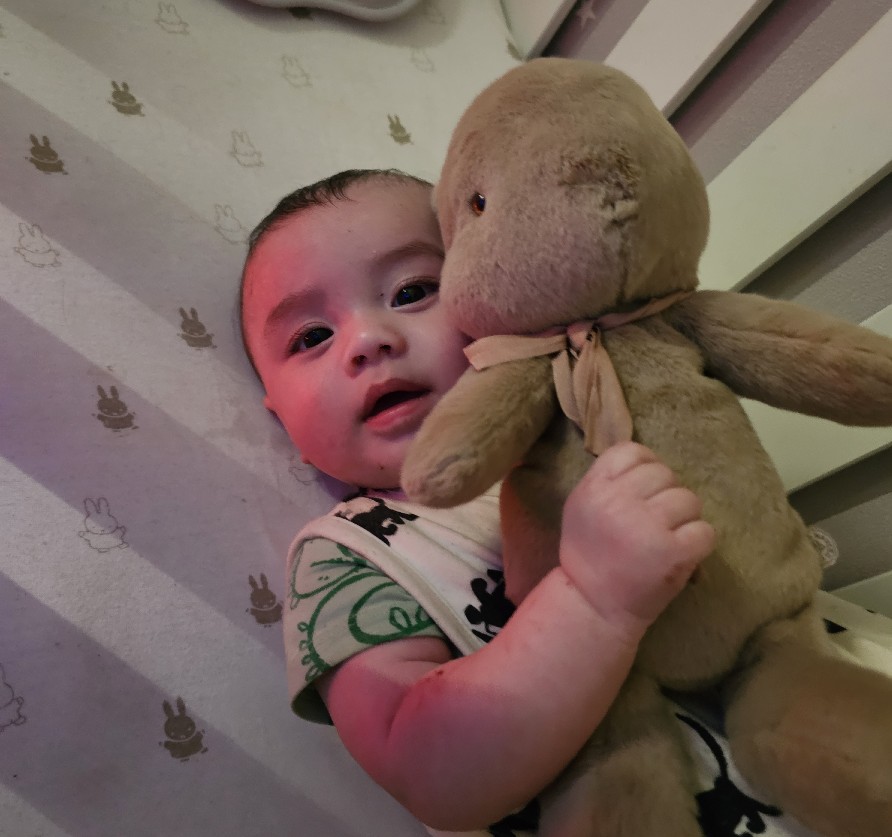 A baby playing with a toy
