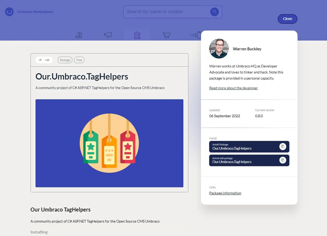 Screenshot of a package listing on the Umbraco Marketplace. Showing the package Our.Umbraco.TagHelpers by Warren Buckley. With package illustration and profile picture.