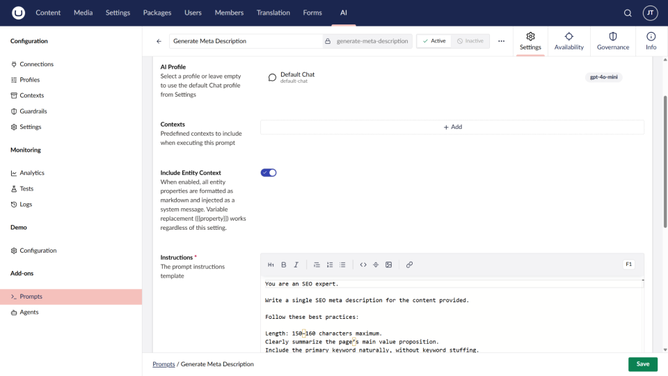 Screenshot - Setting up a Prompt generator
