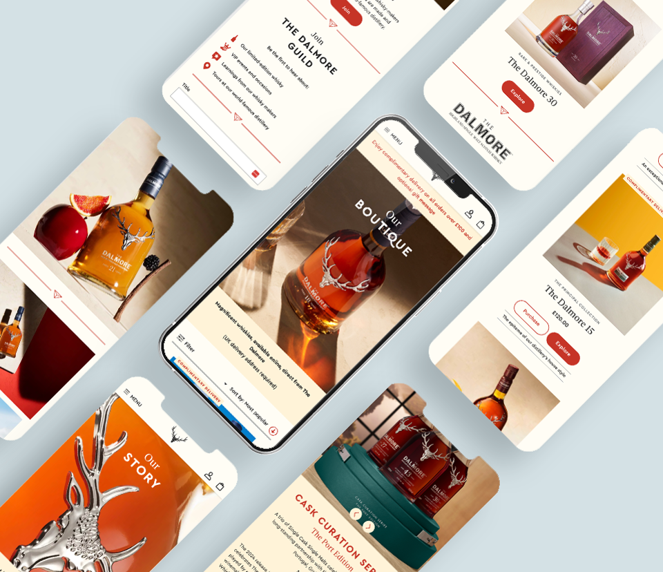 Collage of “Dalmor” whisky bottle ads on smartphone and cards, including web and “Outlique/Story” text.