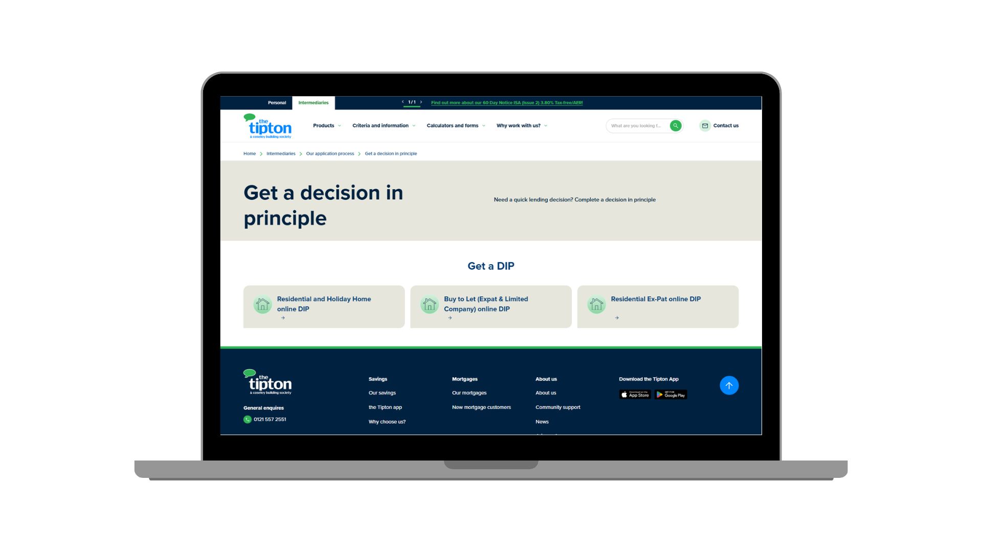 A laptop displaying the Tipton & Coseley Building Society website’s "Get a decision in principle" page with options for residential and buy-to-let mortgage applications.