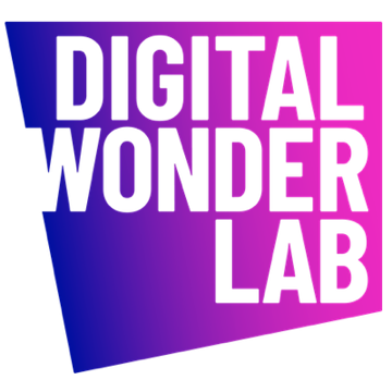 DIGITAL WONDER LAB logo with large blue and pink text on a black background