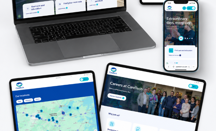A multi-device display of the CareTech website on a laptop, smartphone, and two tablets, showcasing responsive layouts for the homepage, location map, and careers section.