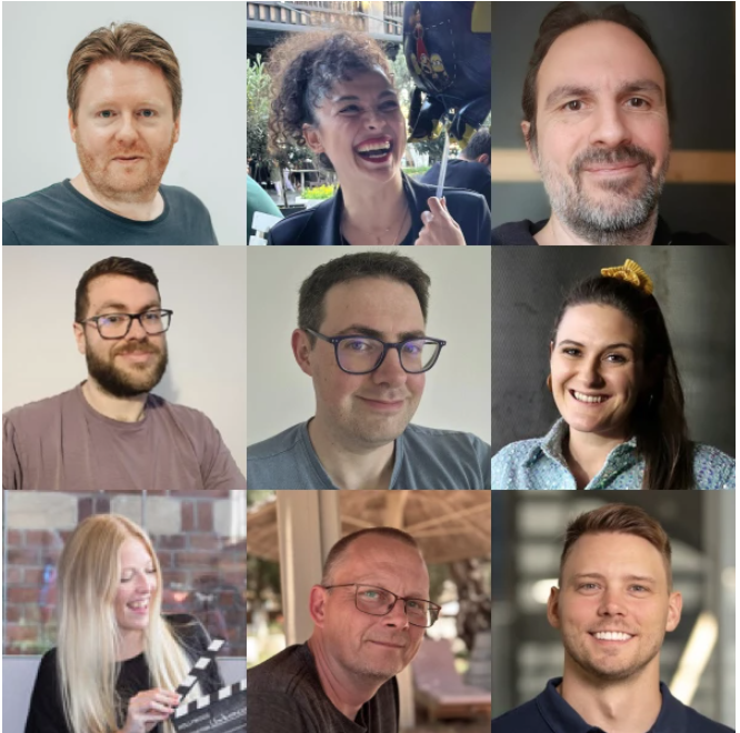 A 3×3 grid of individual headshots shows nine people, each smiling or posing naturally in different indoor and outdoor settings. The photos vary in lighting and background, giving a casual, friendly collage-style appearance.