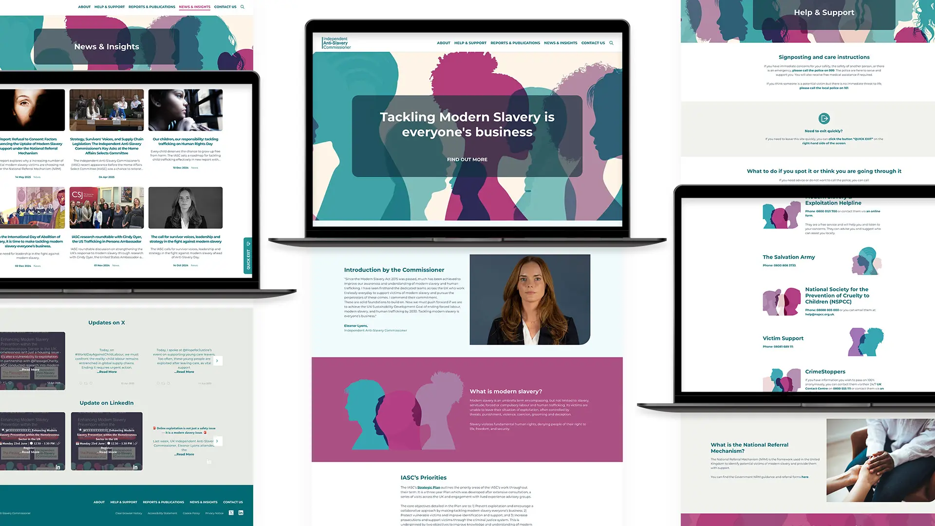A collection of website UI designs for the IASC, featuring a message from the Commissioner, priority areas, and a dedicated "Help & Support" portal.