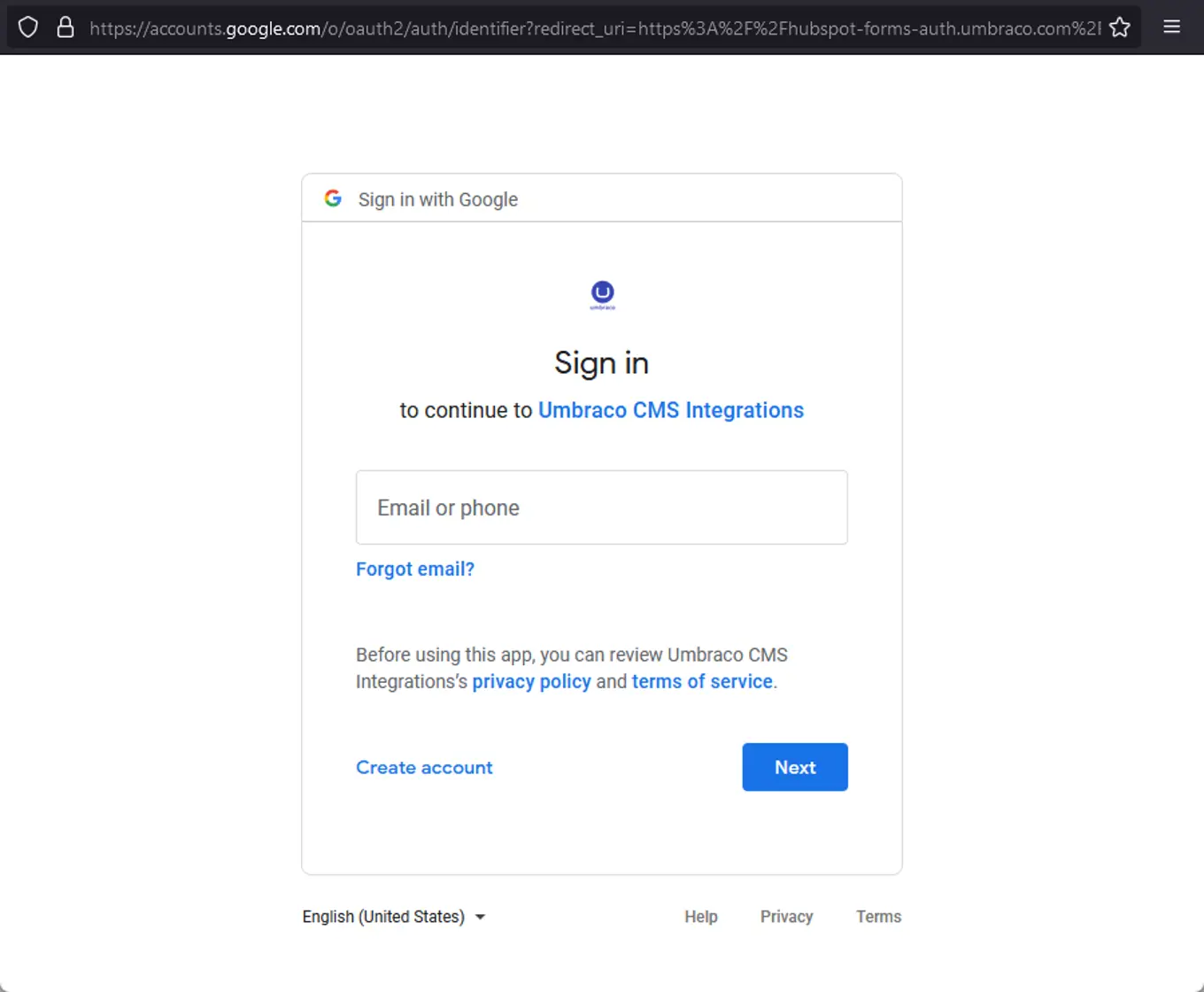 Screenshot: Google log in