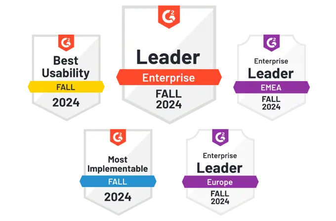 This image shows five G2 Fall 2024 badges highlighting accolades for an enterprise-level CMS. The badges include:  "Best Usability Fall 2024" "Leader Enterprise Fall 2024" "Enterprise Leader EMEA Fall 2024" "Most Implementable Fall 2024" "Enterprise Leader Europe Fall 2024" Each badge emphasizes recognition of usability, implementation, and leadership in various regions, showcasing the software's prominence in enterprise content management.