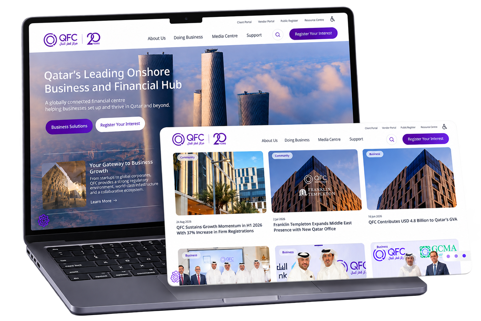 A laptop and tablet device mockup displaying the Qatar Financial Centre (QFC) website redesign, featuring a hero banner showcasing Doha skyscrapers alongside a news card grid detailing corporate announcements.