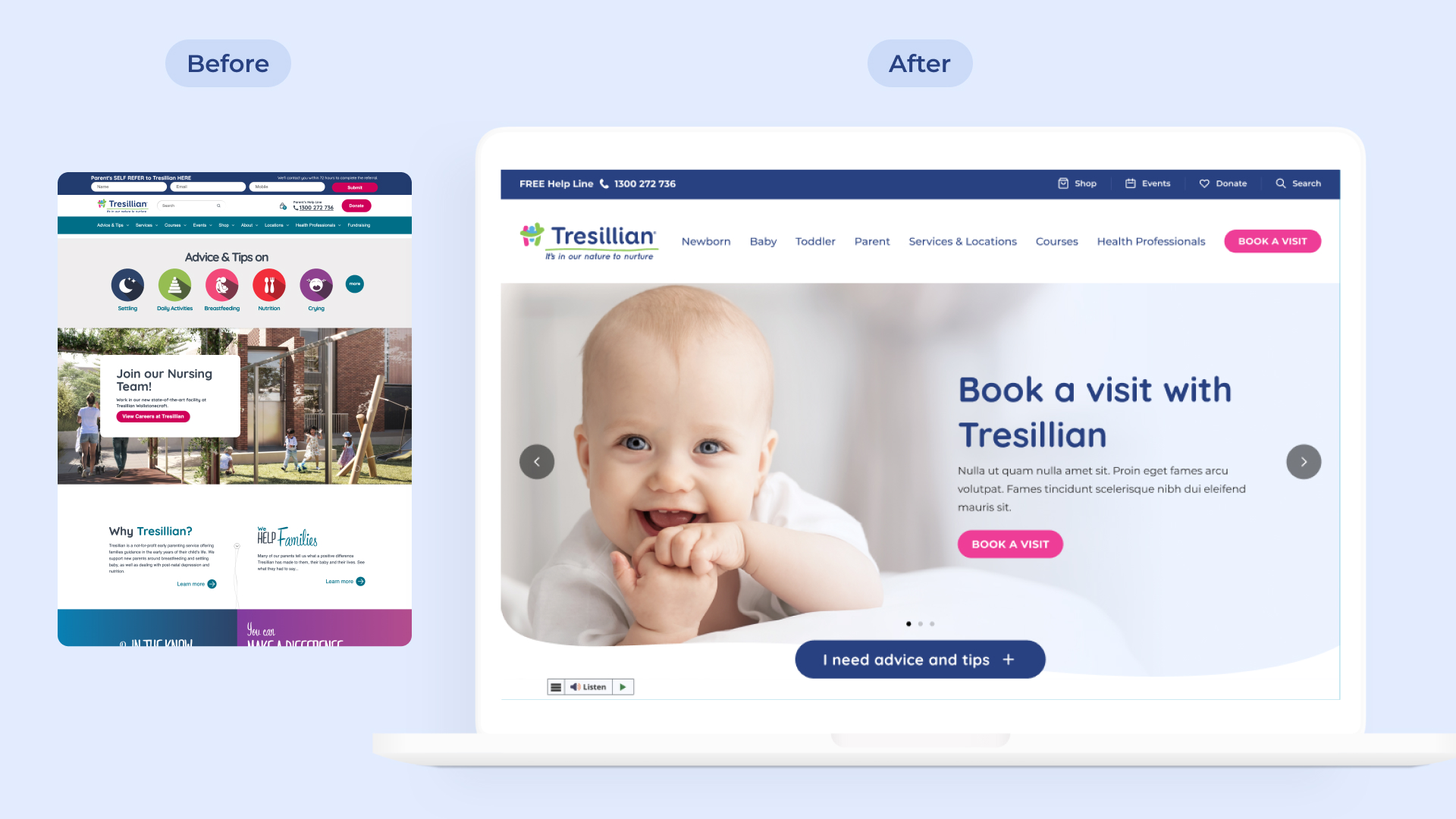 A side-by-side "Before" and "After" website comparison showing the transformation from the legacy Tresillian homepage layout to the modern, accessible redesign.