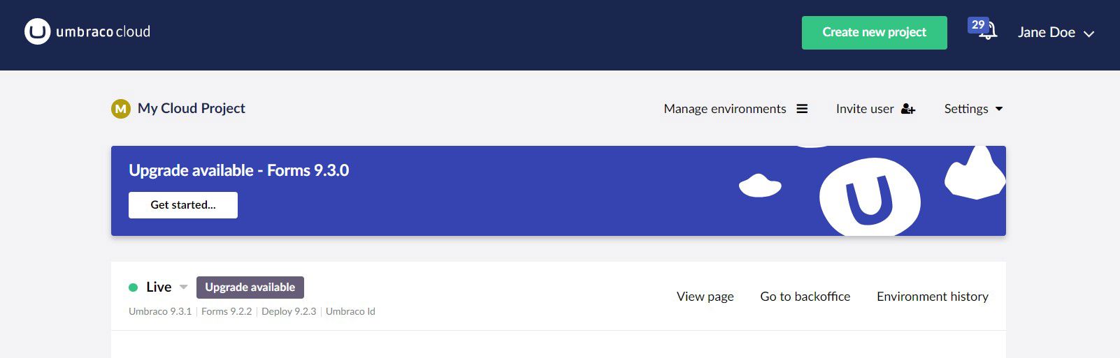 Umbraco Cloud Forms 9.3.0 Upgrade Button