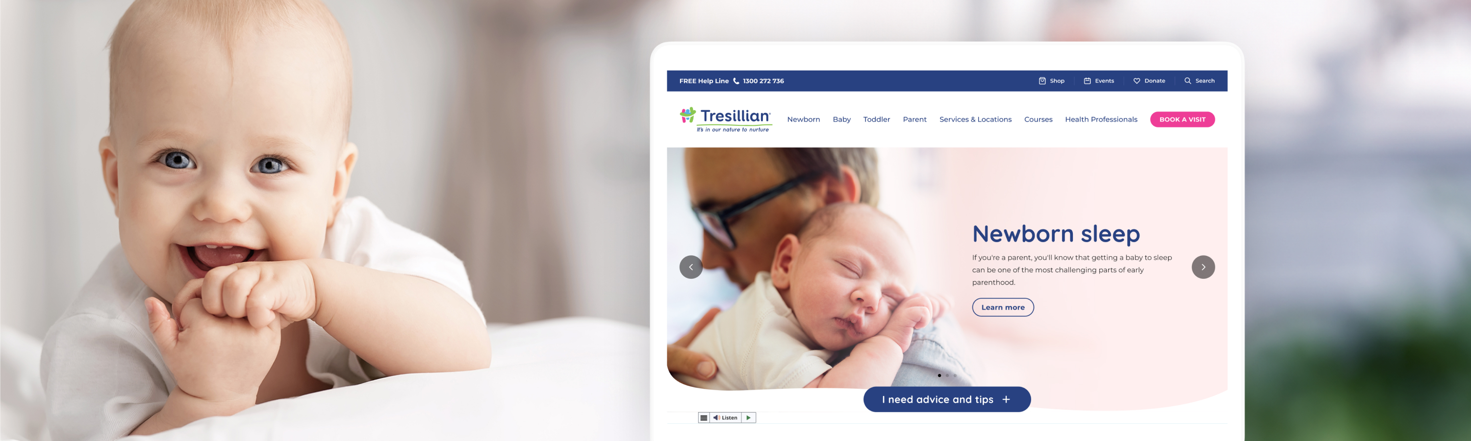 A photo of a smiling baby alongside a laptop screen displaying the redesigned Tresillian homepage with a "Newborn sleep" feature banner.