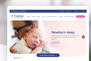 A photo of a smiling baby alongside a laptop screen displaying the redesigned Tresillian homepage with a "Newborn sleep" feature banner.