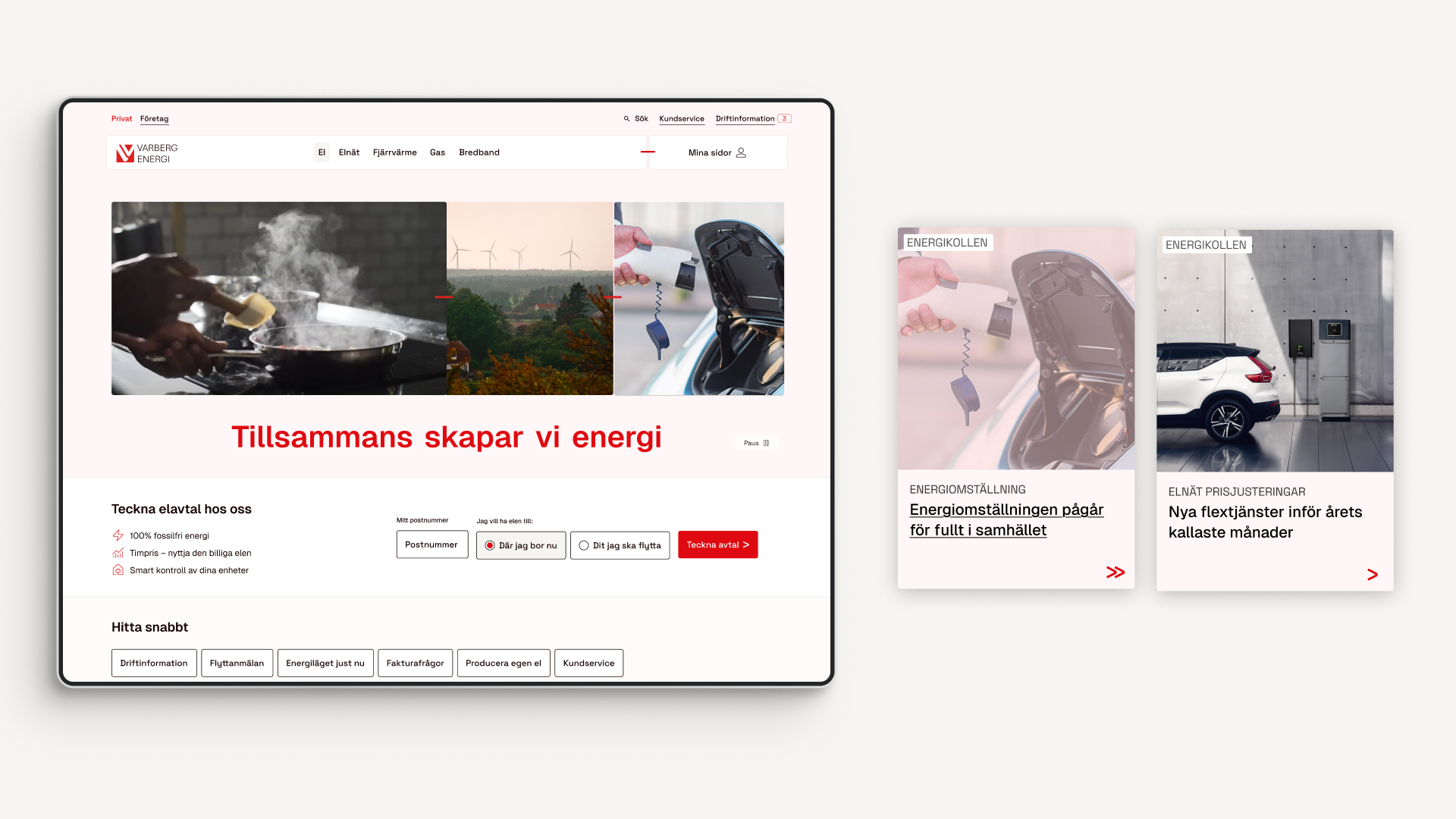 A desktop view of the Varberg Energi homepage featuring the slogan "Tillsammans skapar vi energi" and a sign-up form for energy contracts.