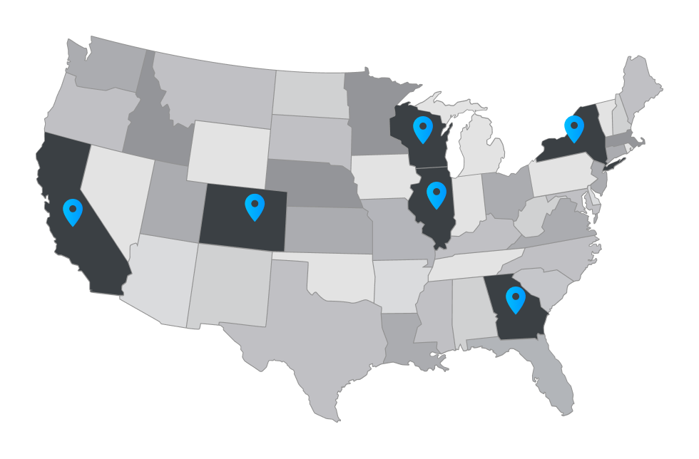 Map of the United States with five blue location pins marking select states.