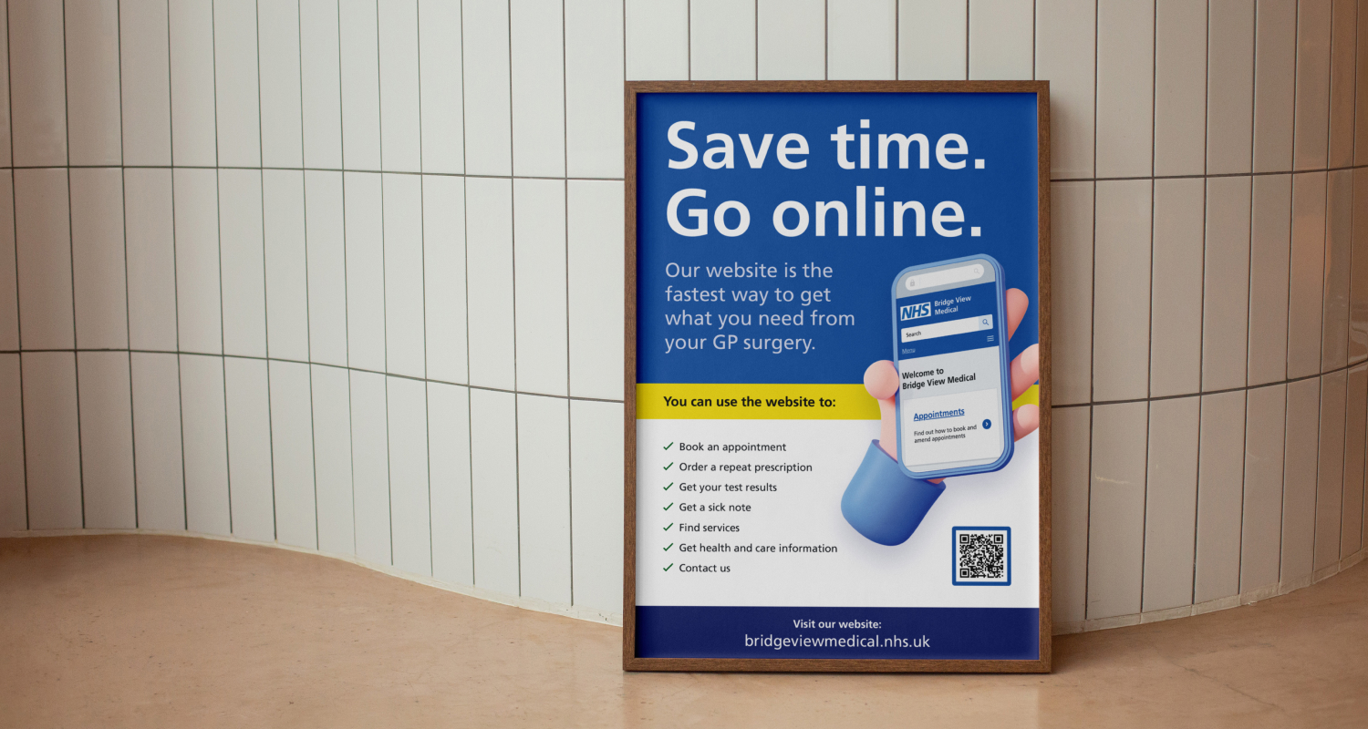 A promotional poster for Bridge View Medical titled "Save time. Go online." It features a 3D illustration of a hand holding a smartphone and lists tasks patients can do on the website, such as booking appointments and ordering repeat prescriptions.