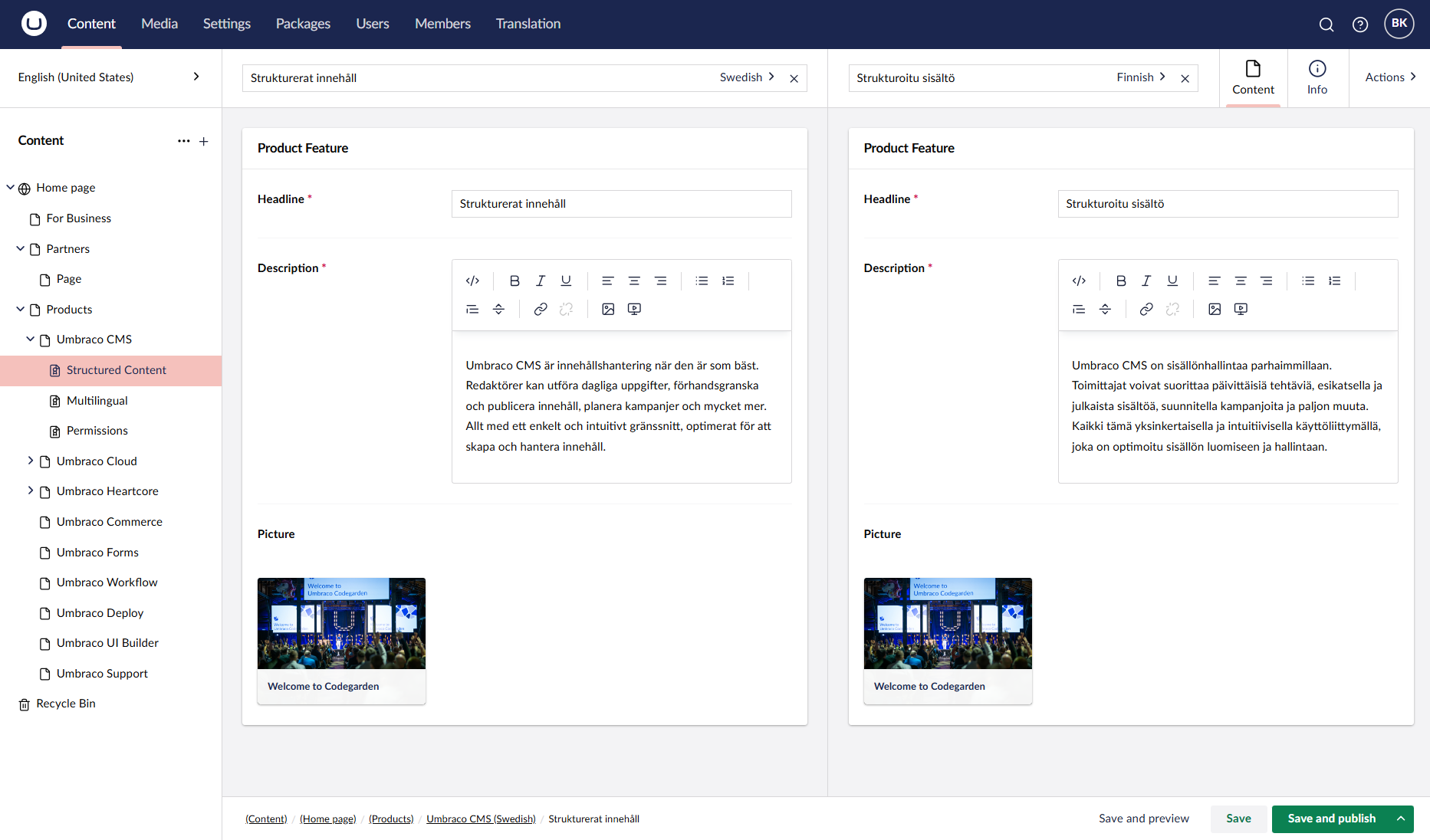 Umbraco CMS Split View Editing Zoomed 1865 × 1096Px