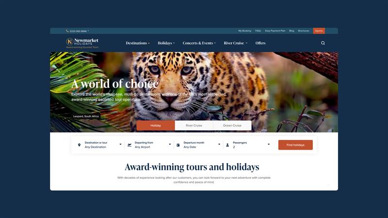 A desktop browser view of the Newmarket Holidays homepage featuring a large photo of a leopard and the headline "A world of choice" above a holiday search bar.