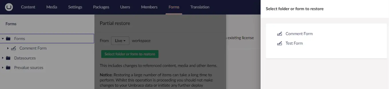 Umbraco Deploy 9.4 Partial Restore Forms 1329X307px
