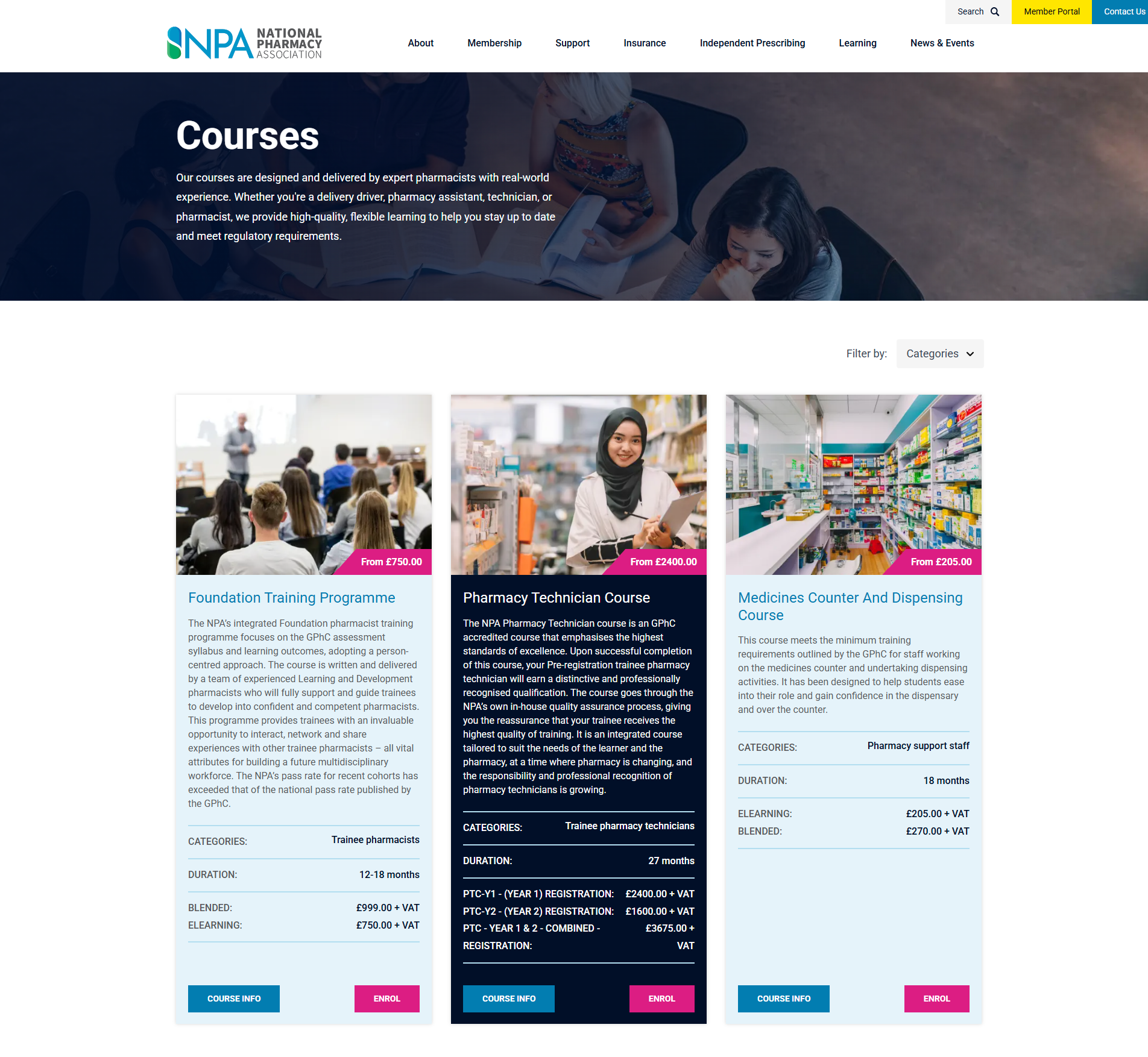 NPA National Pharmacy Association “Courses” page with three training cards: Foundation Training Programme, Pharmacy Technician Course, Medicines Counter & Dispensing Course.
