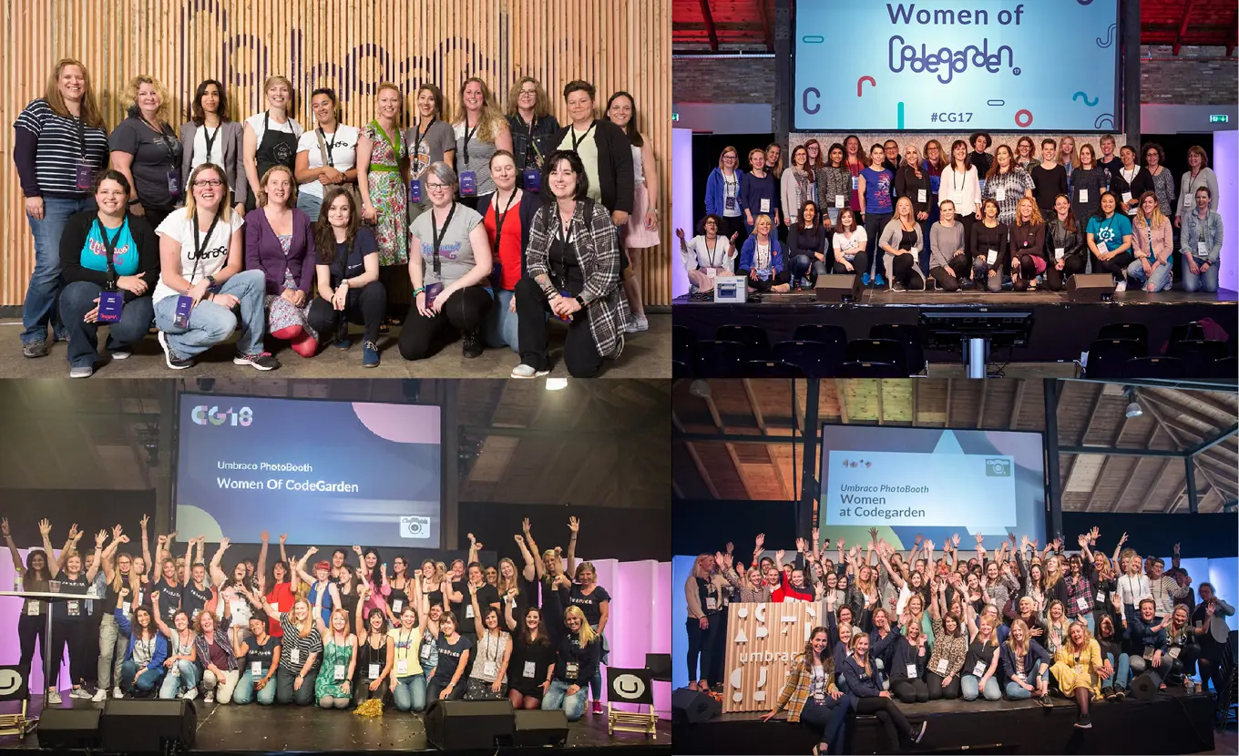 A collage of 4 Codegarden photos showing the increase of women participants