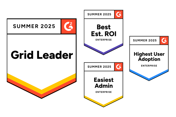 This image shows five G2 Summer 2025 badges