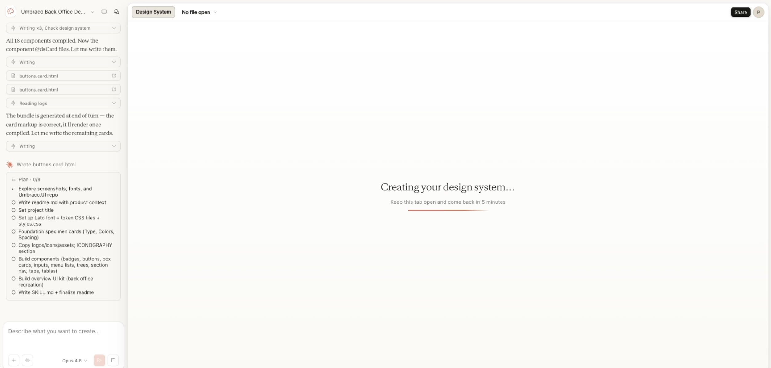 A minimalist web application loading screen featuring central text that reads "Creating your design system..." with a time estimate below it. The left sidebar displays a progress checklist and text logs tracking the generation of component files.