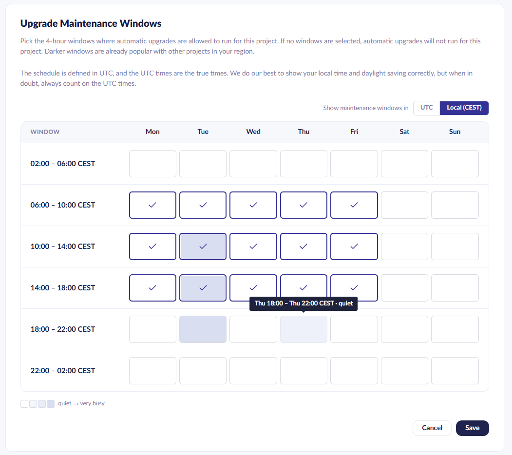Weekly timetable grid interface for selecting four-hour automatic upgrade maintenance windows.