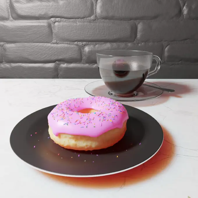 A donut with pink frosting on a plate next to a cup of coffee