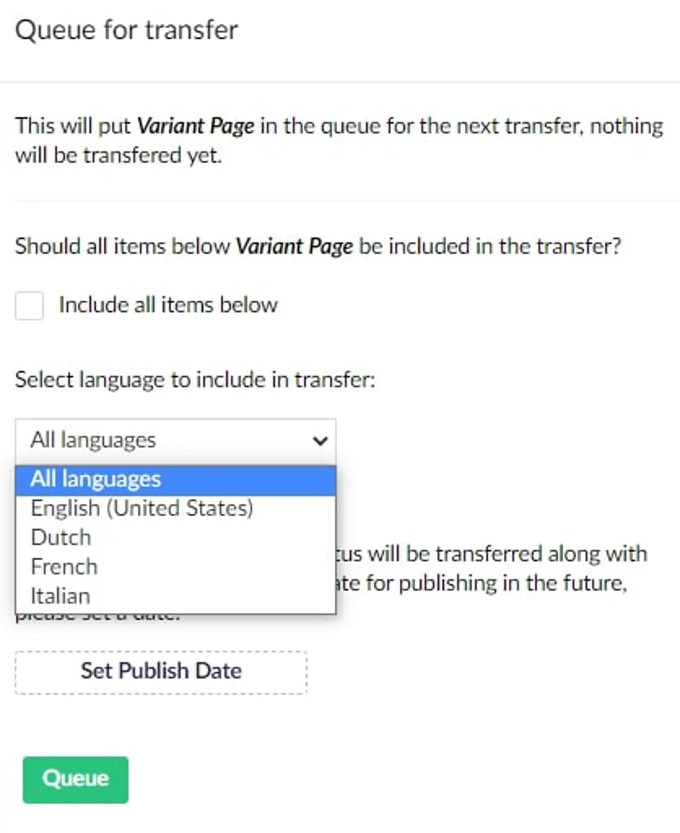 Screenshot: Queue for transfer of variant page