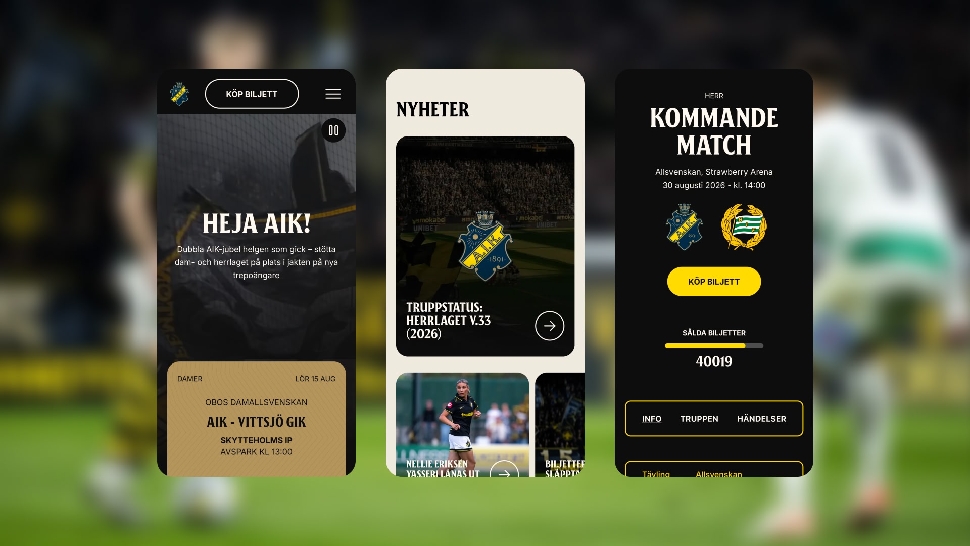 AIK Fotboll website on mobile: home page, news and upcoming match with ticket sales