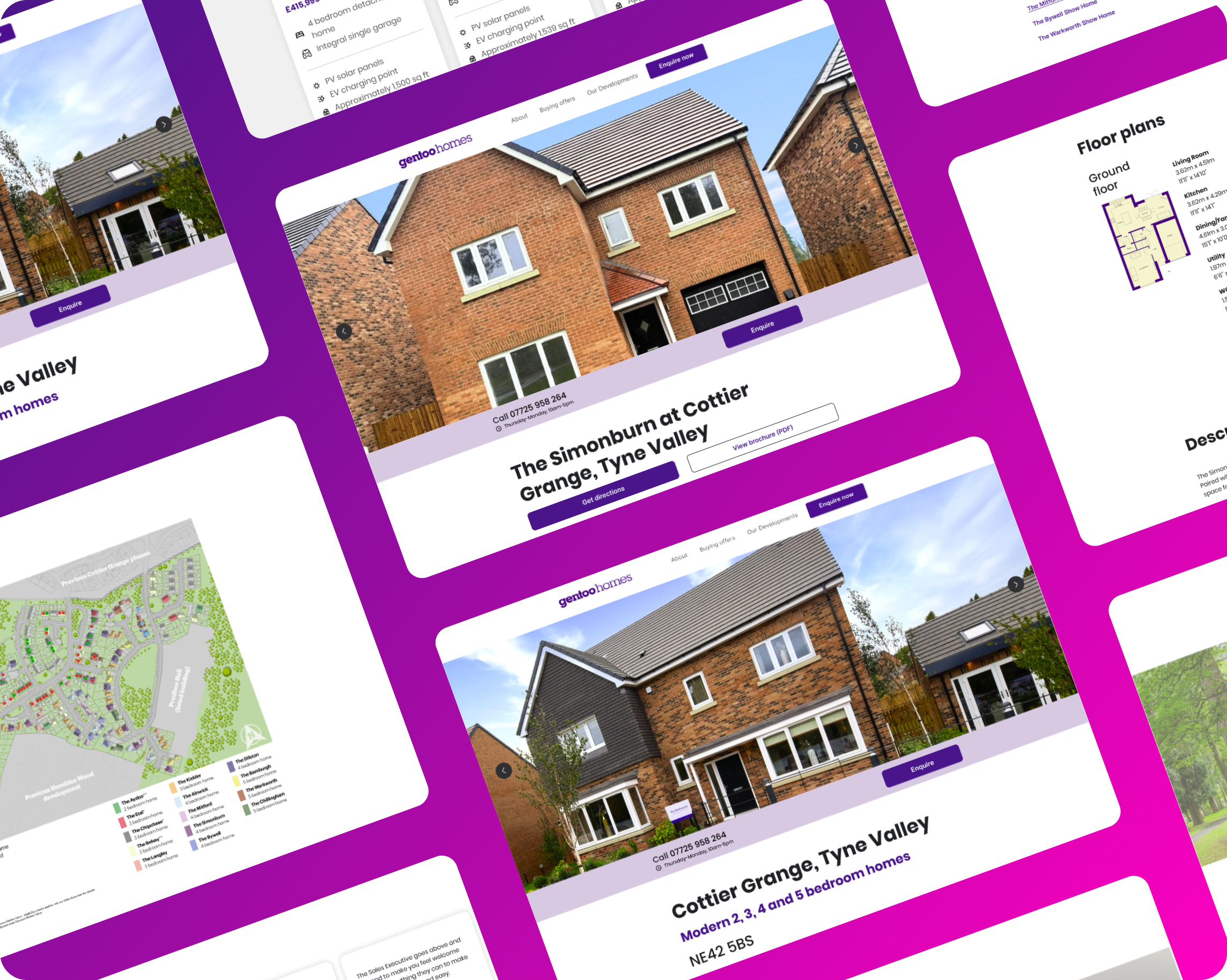 Collage of property website panels for “The Simonburn at Cotter Grange, Tyne Valley,” showing brick house photos and floor plan.