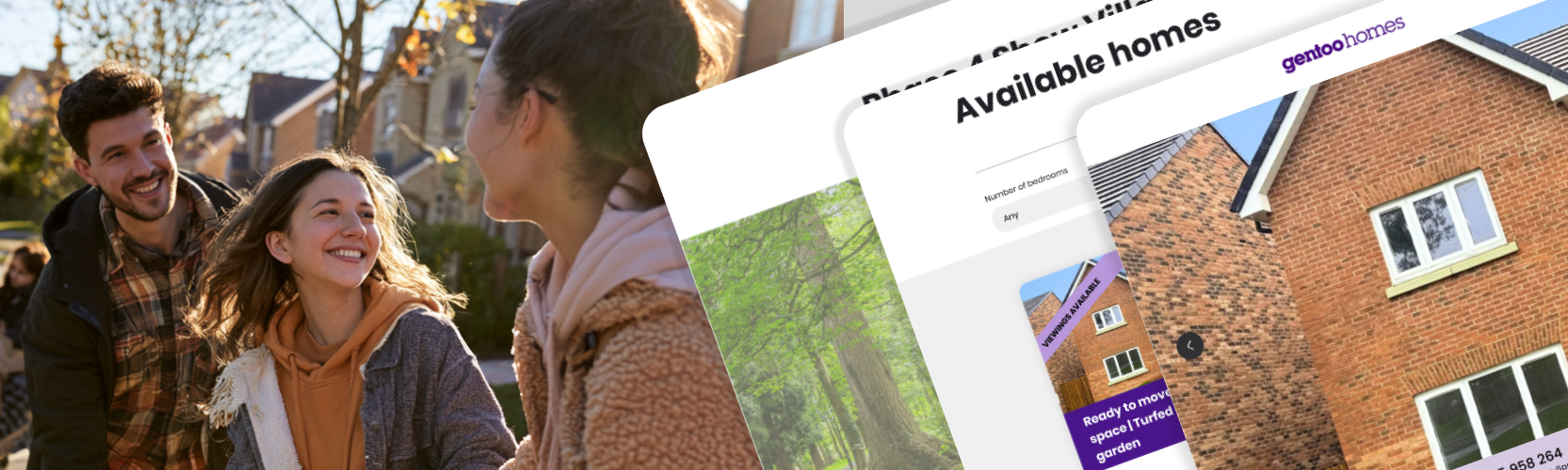 Smiling couple outdoors with overlapping real-estate listing cards reading Available homes and ready to move.