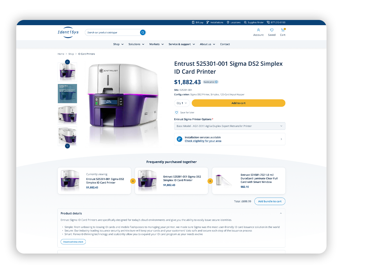 Product page showing Entrust ID card printer “Entrust 525301-001 Sigma DS2 Simplex” with price $1,882.43.