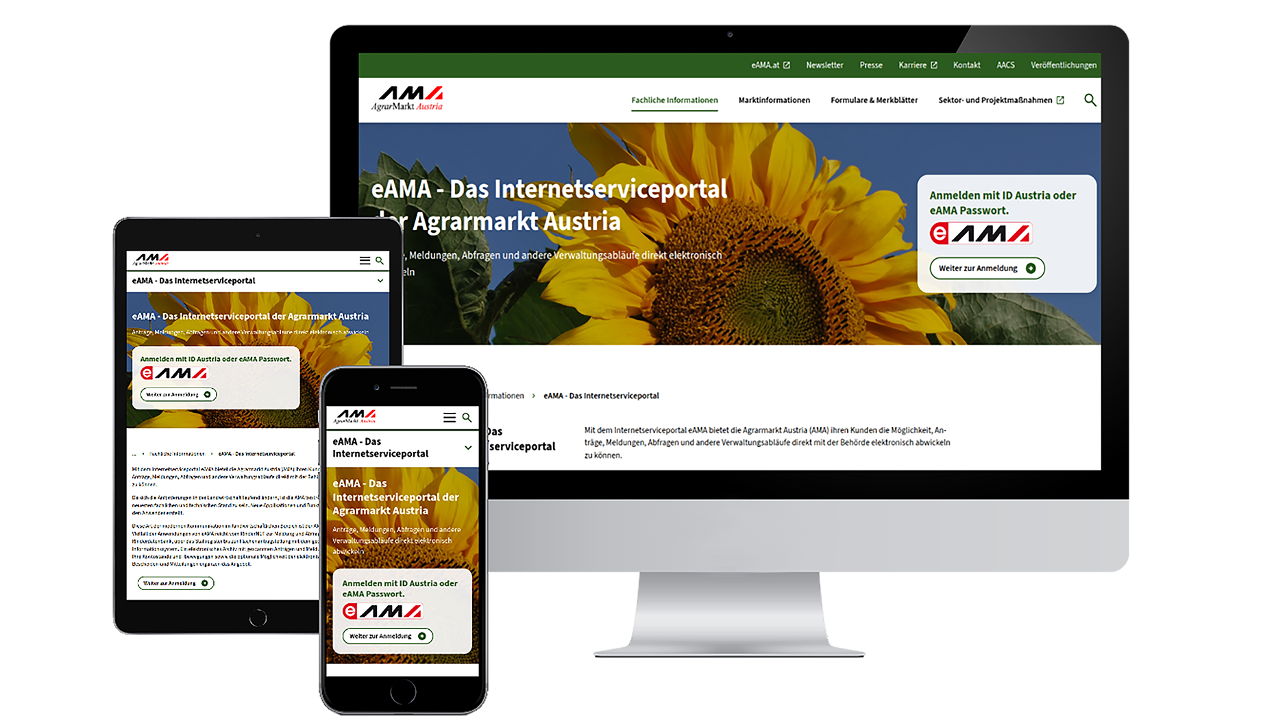 A desktop monitor, tablet, and smartphone displaying the eAMA internet service portal with a large sunflower image and a login prompt for ID Austria.