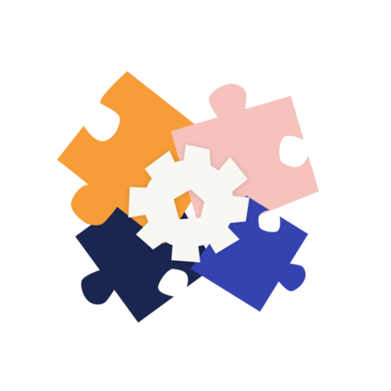 Icon of four overlapping puzzle pieces, with a cogwheel in the middle