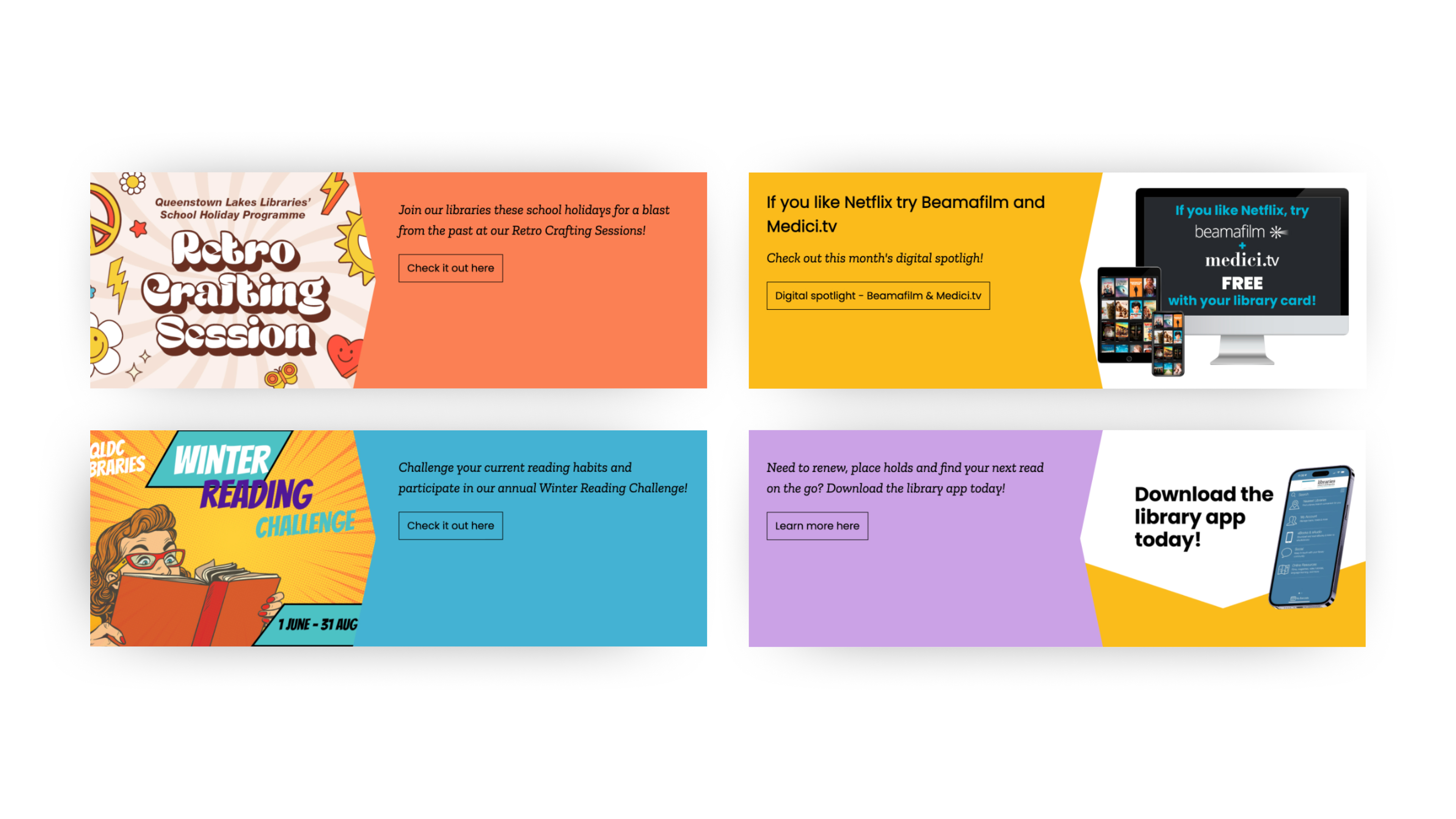 A neat two-by-two grid displaying four library marketing banners for a crafting session, digital streaming, a reading challenge, and the mobile app.