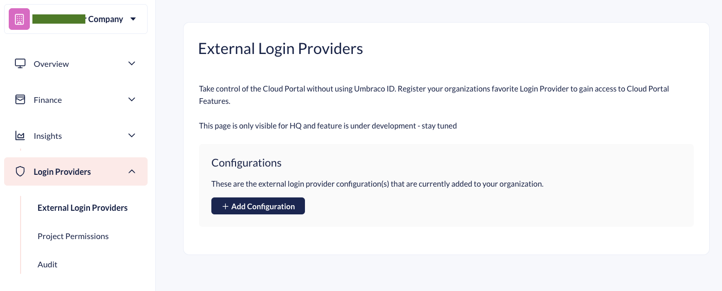 An "External Login Providers" settings page within a web portal. It features a sidebar menu and a main configuration area with a button to "Add Configuration."