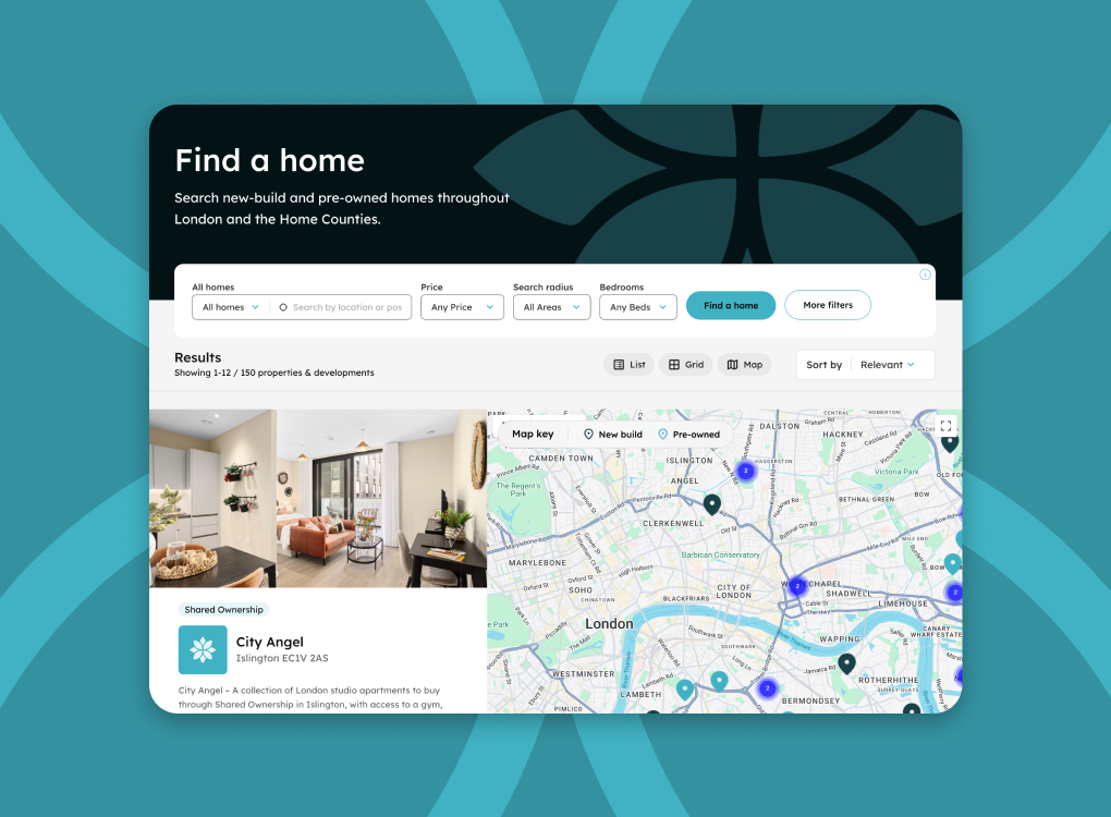 The "Find a home" interface on the Peabody website featuring search filters, an interactive map of London with property pins, and a featured listing for City Angel in Islington.