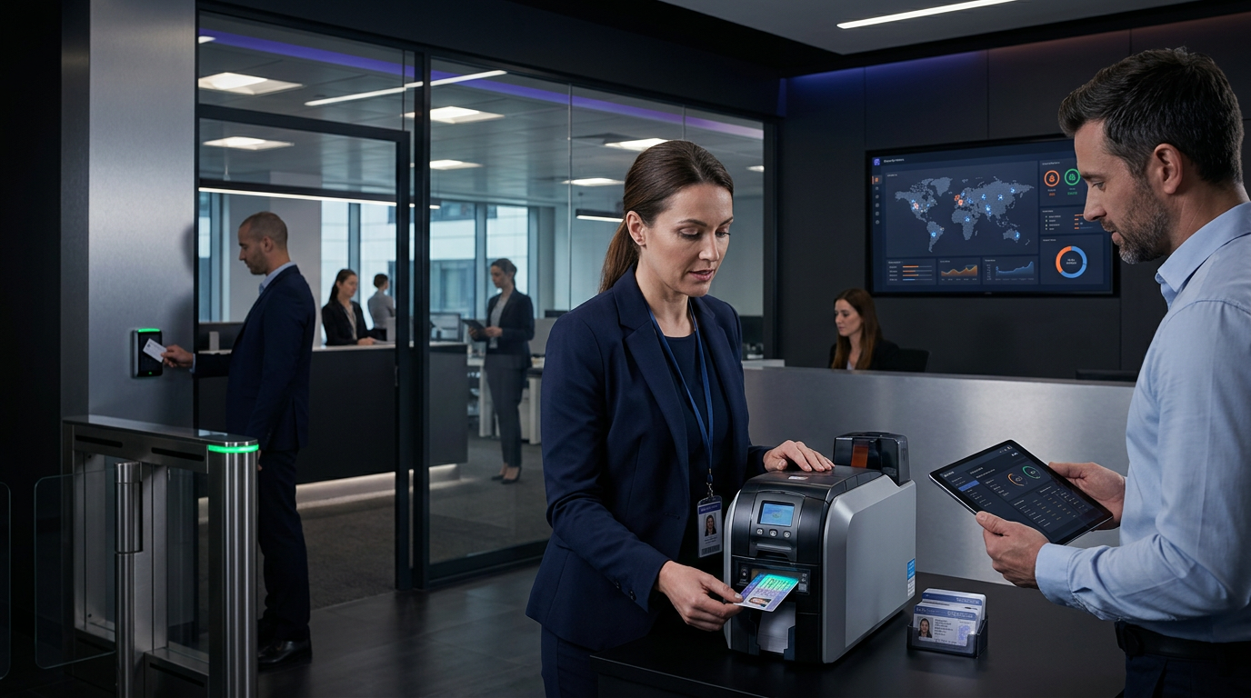 Businesspeople in an office scanning an ID at a kiosk with a world map on a wall monitor