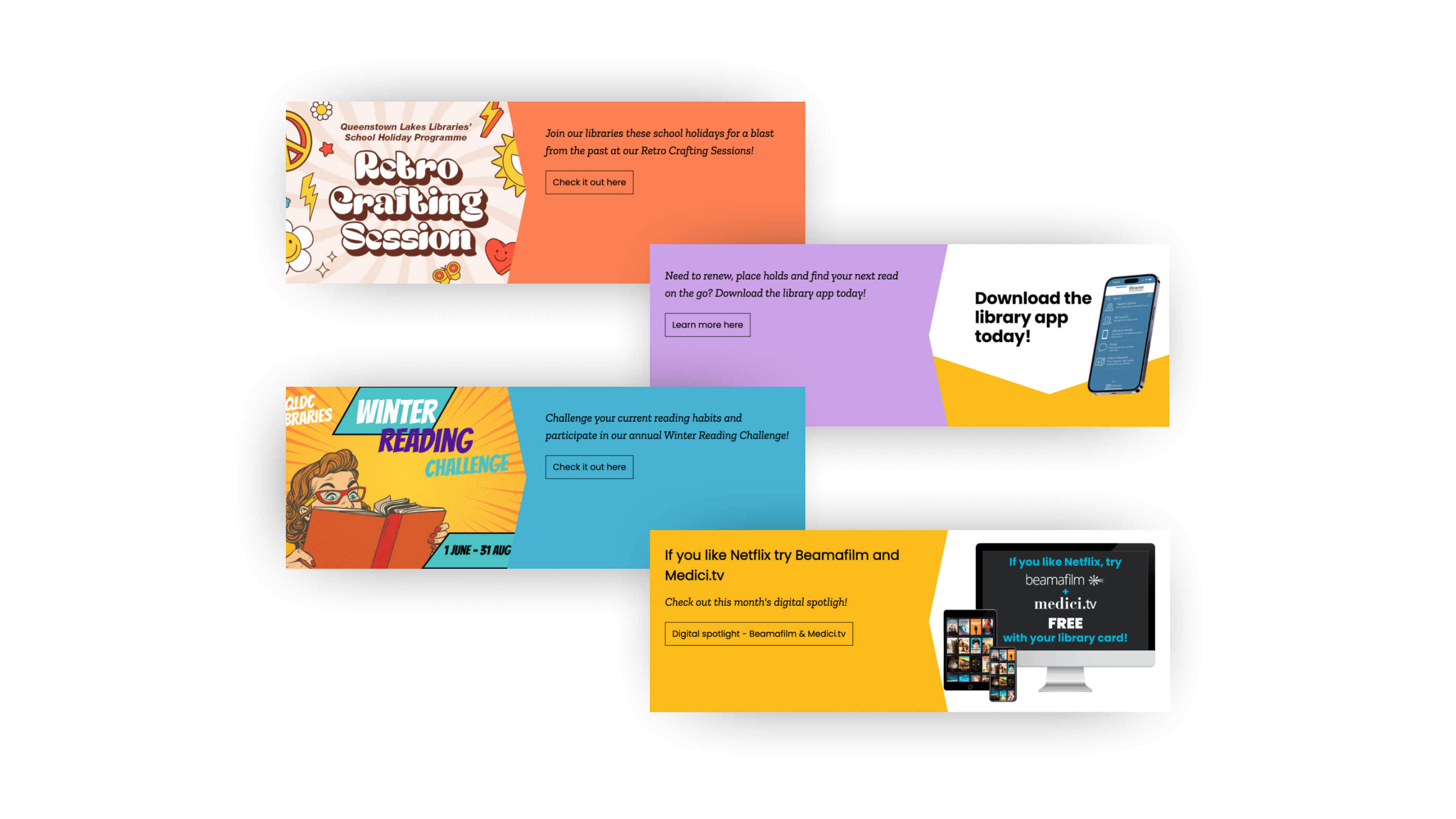 A staggered collage of four promotional library banners highlighting holiday crafting, a winter reading challenge, streaming services, and an app download.