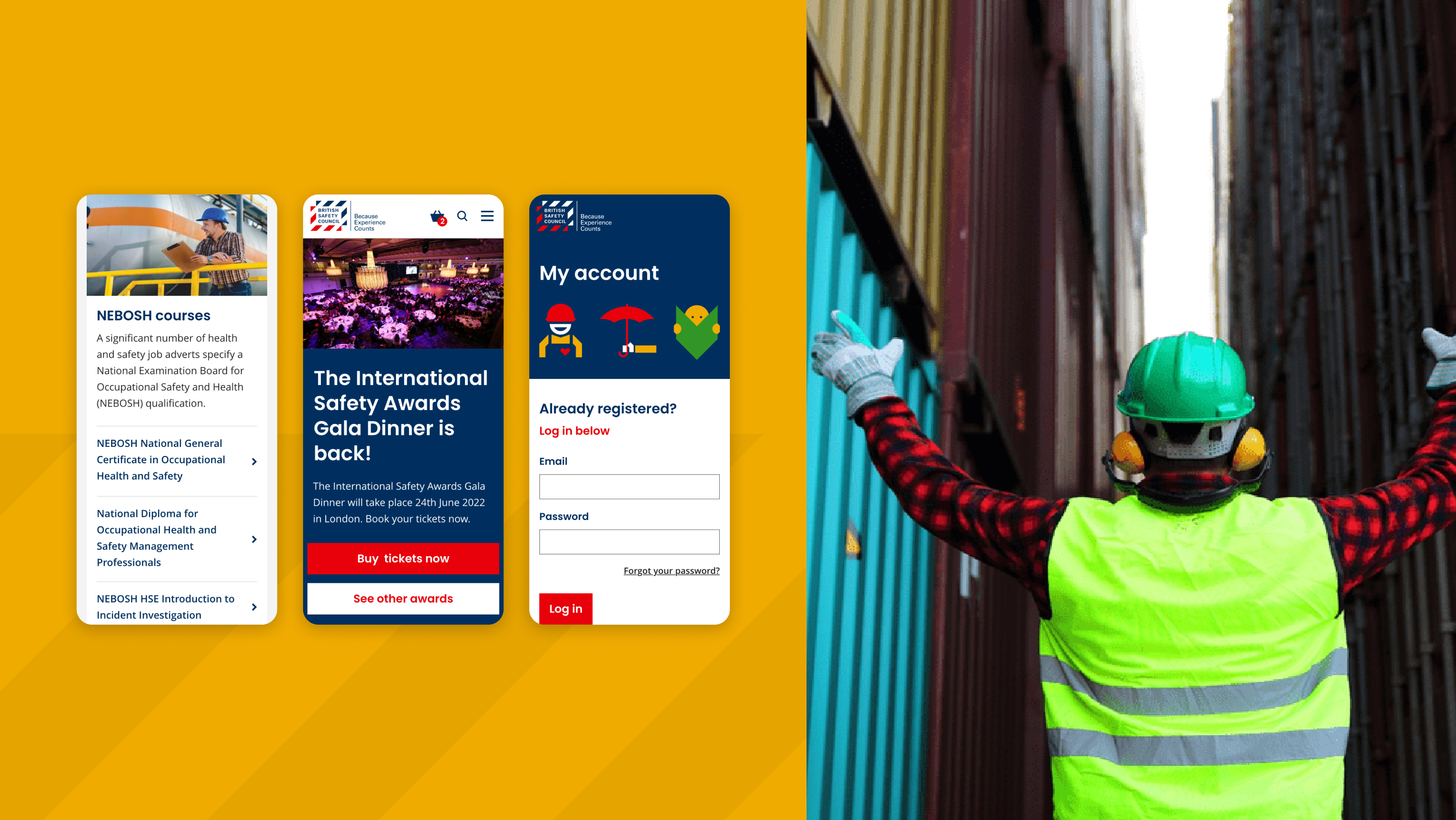 Website screens showing NEBOSH courses, safety awards, and a login form, next to a construction worker raising an arm.