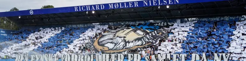 Football stadium with attendees in rows of blue and white stripes