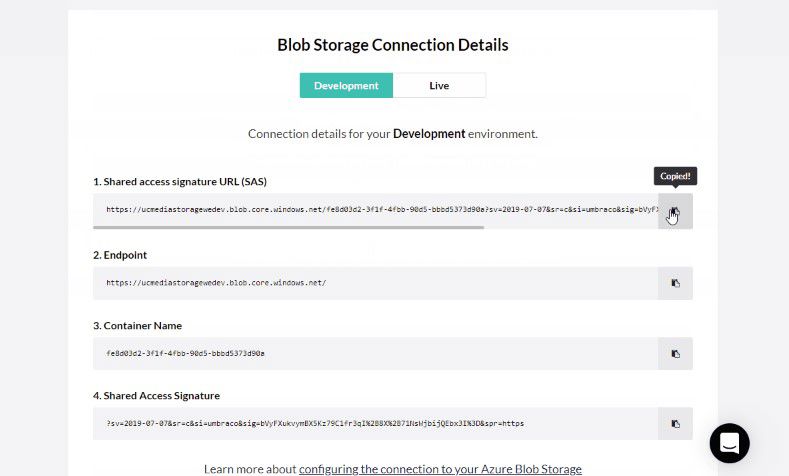 Umbraco Cloud Portal Blob Storage Connection Info