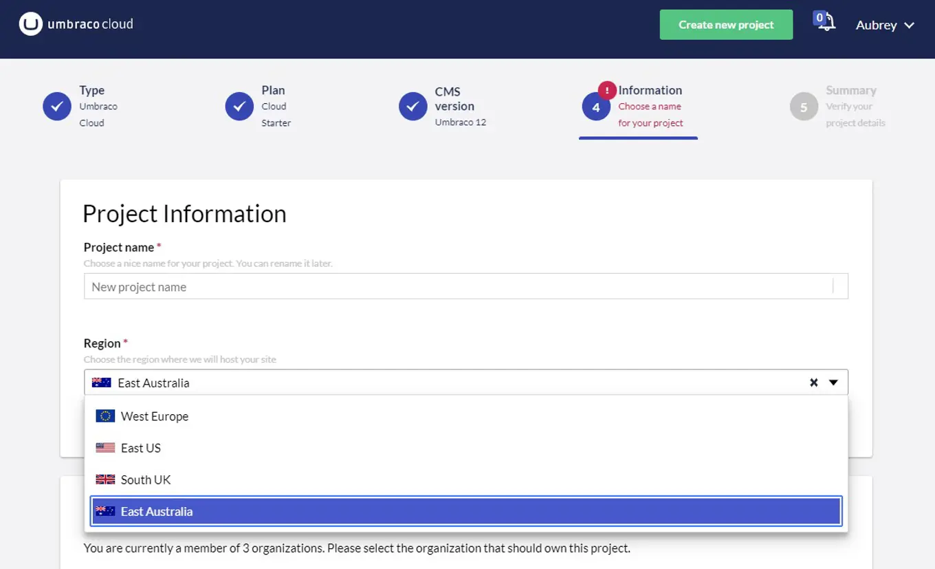 Umbraco Cloud AU Region Selector