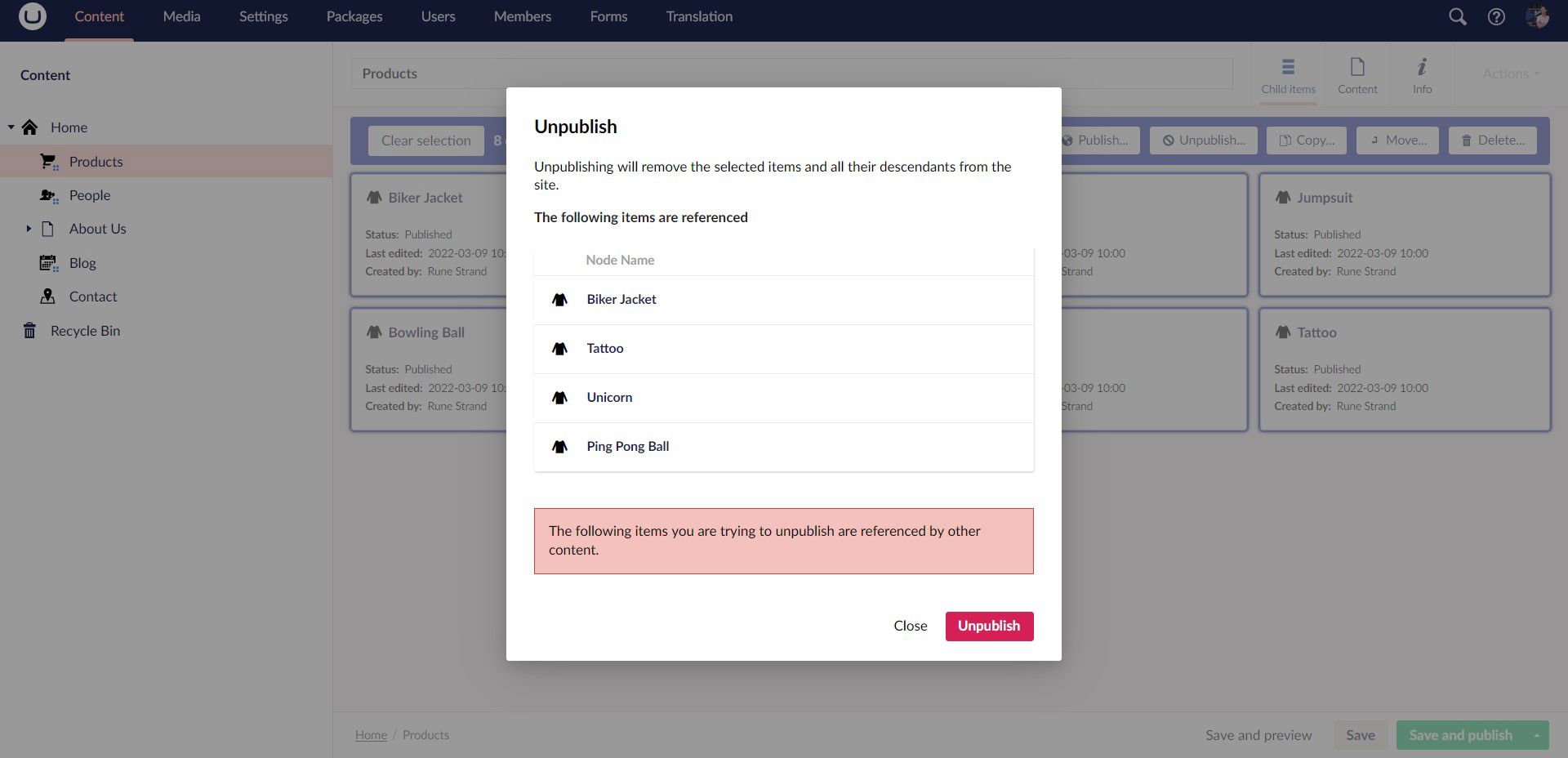 Umbraco 9.4 Item Tracking Unpublish List View Dialog