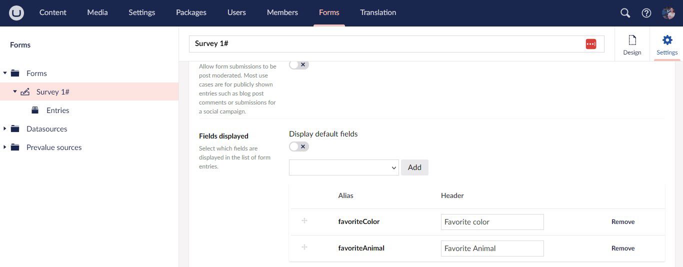 Umbraco Forms 11.1 Configuring Customized Entries View 1366X534px