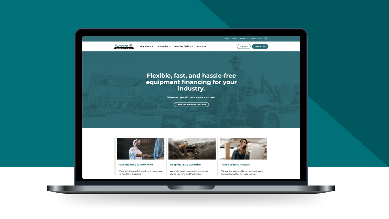 Western Equipment Finance website shown on a laptop screen with financing headline and three service cards