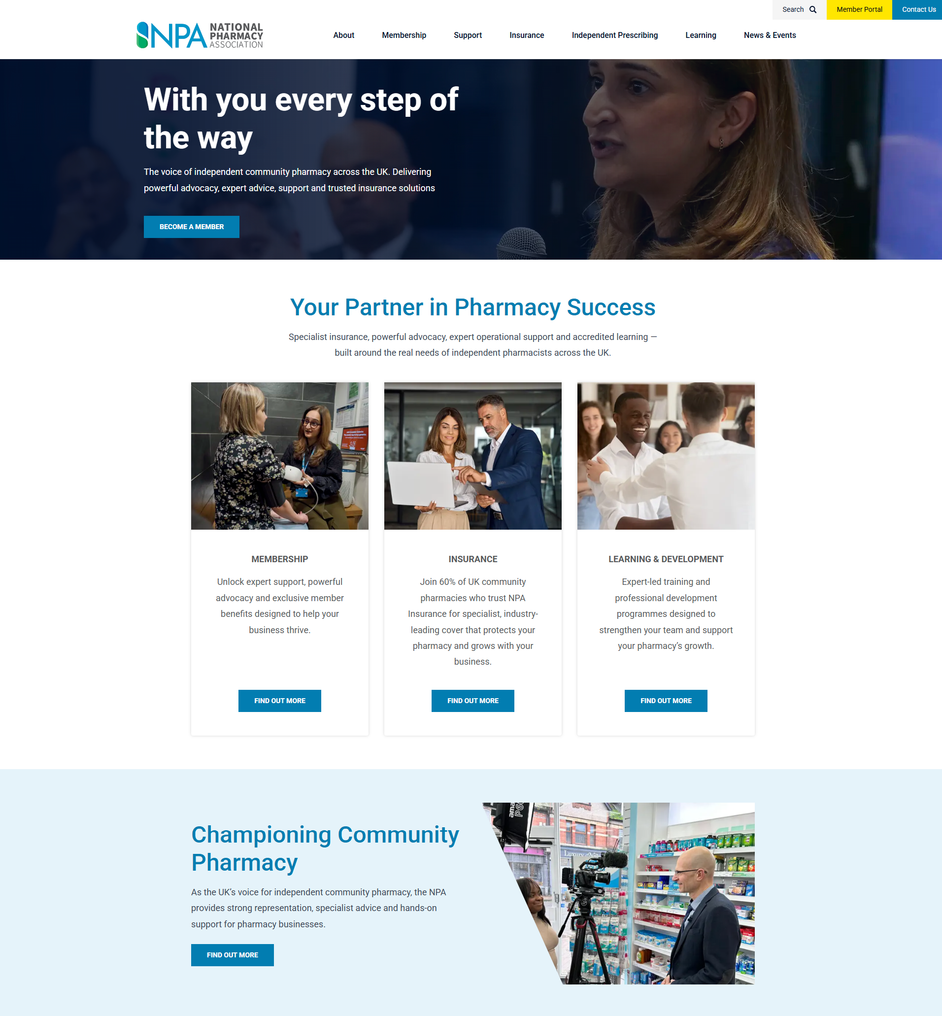 NPA National Pharmacy Association homepage with banner text “With you every step of the way” and three cards: Membership, Insurance, Learning & Development